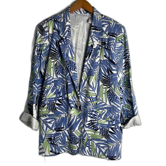 Sag Harbor Blue Tropical Lightweight Linen Blend One Button Blazer Size 14 - Picture 1 of 10